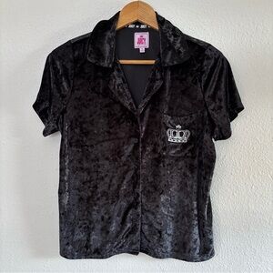 JUICY By Juicy Couture Black Crushed Velvet Top Pajama Shirt Medium Crown Logo